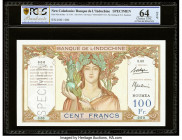 New Caledonia Banque de l'Indochine, Noumea 100 Francs ND (1937-67) Pick 42bs Specimen PCGS Banknote Choice UNC 64 OPQ. A roulette Specimen punch is p...
