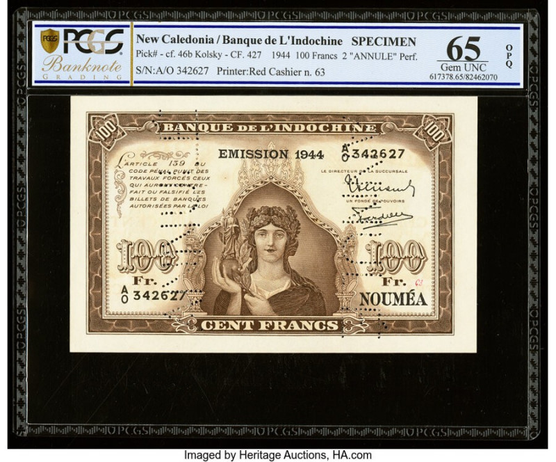 New Caledonia Banque de l'Indochine, Noumea 100 Francs 1944 Pick 46bs Specimen P...