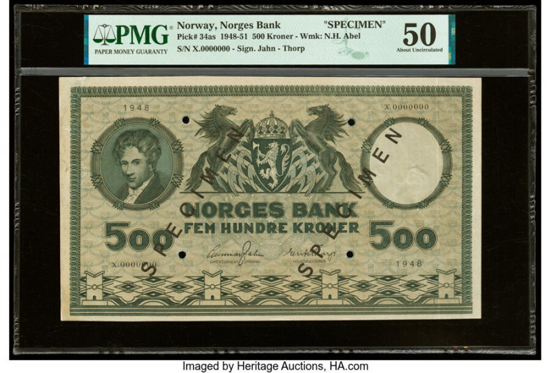Norway Norges Bank 500 Kroner 1948 Pick 34as Specimen PMG About Uncirculated 50....