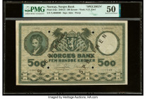 Norway Norges Bank 500 Kroner 1948 Pick 34as Specimen PMG About Uncirculated 50. Black Specimen overprints, four POCs, previous mounting and paper pul...
