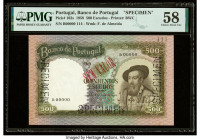 Portugal Banco de Portugal 500 Escudos 27.5.1958 Pick 162s Specimen PMG Choice About Unc 58. Red Sem Valor overprints, roulette Specimen punches and p...