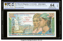 Saint Pierre and Miquelon Caisse Centrale de la France d'Outre-Mer 10 Nouveaux Francs on 500 Francs ND (1964) Pick 33s Specimen PCGS Gold Shield Choic...