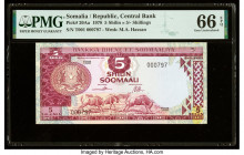 Low Serial Number 000797 Somalia Central Bank of Somalia 5 Shilin = 5 Shillings 1978 Pick 20Aa PMG Gem Uncirculated 66 EPQ. Shares top grade of 5 in t...