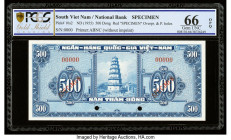 South Vietnam National Bank of Viet Nam 500 Dong ND (1955) Pick 10s2 Specimen PCGS Gold Shield Gem UNC 66 OPQ. Red Specimen overprints and two POCs ar...
