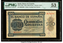 Spain Banco de Espana 500 Pesetas 21.11.1936 Pick 102a PMG About Uncirculated 53. Previously mounted, roulette punched and most likely an Archival Spe...