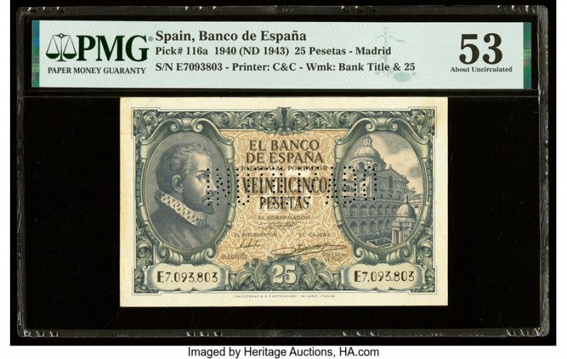 Spain Banco de Espana 25 Pesetas 9.1.1940 (ND 1943) Pick 116a PMG About Uncircul...