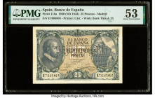 Spain Banco de Espana 25 Pesetas 9.1.1940 (ND 1943) Pick 116a PMG About Uncirculated 53. Previously mounted, roulette punched and most likely an Archi...