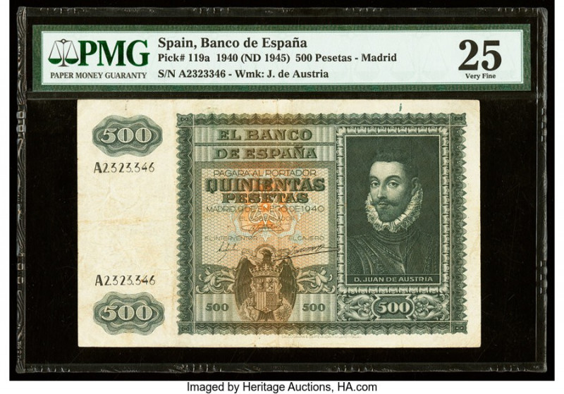 Spain Banco de Espana 500 Pesetas 9.1.1940 (ND 1945) Pick 119a PMG Very Fine 25....