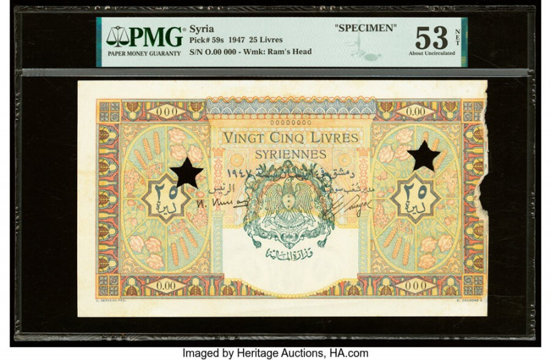 Syria Banque de Syrie et du Liban 25 Livres 1947 Pick 59s Specimen PMG About Unc...