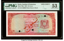 Syria Institut d'Emission de Syrie 25 Livres 1955 Pick 78Bs Specimen PMG About Uncirculated 53. Previous mounting, red overprints and three POCs are p...