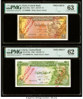 Syria Central Bank of Syria 1; 5 Pounds 1967; 1963 Pick 93bs; 94as Two Specimen PMG Choice Uncirculated 63; Uncirculated 62. Previous mounting and red...