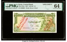 Syria Central Bank of Syria 5 Pounds 1967 / AH1387 Pick 94bs Specimen PMG Choice Uncirculated 64. Previous mounting and red overprints are present on ...