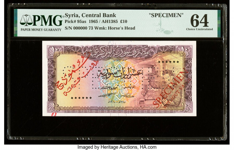 Syria Central Bank of Syria 10 Pounds 1965 Pick 95as Specimen PMG Choice Uncircu...