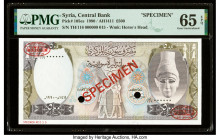Syria Central Bank of Syria 500 Pounds 1990 / AH1411 Pick 105es Specimen PMG Gem Uncirculated 65 EPQ. Red Specimen & TDLR overprints and two POCs are ...