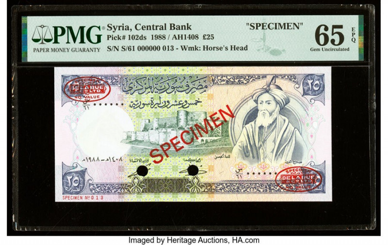 Syria Central Bank of Syria 25 Pounds 1988 / AH1408 Pick 102ds Specimen PMG Gem ...
