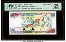 Syria Central Bank of Syria 25 Pounds 1988 / AH1408 Pick 102ds Specimen PMG Gem Uncirculated 65 EPQ. Red Specimen & TDLR overprints and two POCs are p...