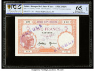 Tahiti Banque de l'Indochine 5 Francs ND (1927) Pick 11cs Specimen PCGS Banknote Gem Unc 65 OPQ. Purple Annule overprints are present on this example....