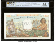 Tahiti Banque de l'Indochine 1000 Francs ND (1939-40) Pick 15as Specimen PCGS Banknote Uncirculated 62 OPQ. A roulette Specimen punch is present on th...
