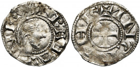 PRINCIPAUTE D''ANTIOCHE, Raymond de Poitiers (1136-1149), AR denier. 1er type. Variété au long cou. D/ + RAIMV-NDVS T. nue à d. R/ + ANTIOCHIE Croix. ...