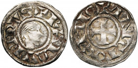 PRINCIPAUTE D''ANTIOCHE, Raymond de Poitiers (1136-1149), AR denier. 2e type. D/ + RAIMVNDVS T. nue à d. R/ + ANTIOCHIE Croix. Metcalf 336; CCS 15. 0,...