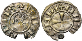 PRINCIPAUTE D''ANTIOCHE, Bohémond III (1149-1201), billon denier à la tête nue, 1149-1163. Nouveau style. Type de transition (?) avec tête à g. D/ + B...
