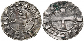 PRINCIPAUTE D''ANTIOCHE, Bohémond III (1149-1201), billon denier à la tête casquée, vers 1163. Type A. D/ + BOANVNDVS B. casqué à d. entre un croissan...