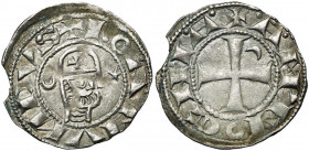 PRINCIPAUTE D''ANTIOCHE, Bohémond III (1149-1201), billon denier à la tête casquée, vers 1163. Type A. D/ + BOAMVNDVS B. casqué à d. entre un croissan...