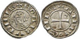 PRINCIPAUTE D''ANTIOCHE, Bohémond III (1149-1201), billon denier à la tête casquée, vers 1163. Type A, avec étoile et croissant inversés au droit. D/ ...