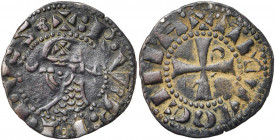 PRINCIPAUTE D''ANTIOCHE, Raymond Roupen (1216-1219), billon denier. Type M. D/ + RVPINVS (trèfle) T. casquée à g., une croix sur le casque, entre un c...