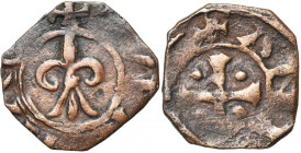 PRINCIPAUTE D''ANTIOCHE, Bohémond IV (1201-1233), AE pougeoise, début du 13e s. D/ Fleur de lis élancée, la base fourchue. R/ Croix cantonnée de quatr...