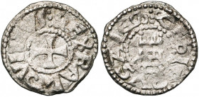ROYAUME DE JERUSALEM, Baudouin III (1143-1163), billon obole. 1er groupe (style grossier). Type 1. D/  RX BALVINVS Croix pattée. R/   IRVSALM ...