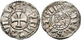 ROYAUME DE JERUSALEM, Baudouin III (1143-1163), billon denier. 1er groupe (style grossier). Type hybride 1/2. D/  RX BALVINVS Croix pattée. R/ + ...
