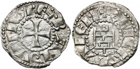 ROYAUME DE JERUSALEM, Baudouin III (1143-1163), billon denier. 1er groupe (style grossier). Type 3b (intermédiaire). D/ Croix pattée. R/ La tour de Da...