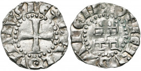 ROYAUME DE JERUSALEM, Baudouin III (1143-1163), billon denier. 1er groupe (style grossier). Type 3c (large croix). D/ Croix pattée. R/ La tour de Davi...