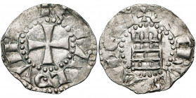 ROYAUME DE JERUSALEM, Baudouin III (1143-1163), billon denier. 1er groupe (style grossier). Type 3c (large croix). D/ Croix pattée. R/ La tour de Davi...