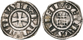 ROYAUME DE JERUSALEM, Baudouin III (1143-1163), billon denier. 2e groupe (style affiné). Type 1. D/ Croix pattée. R/ La tour de David. Metcalf -; Schl...