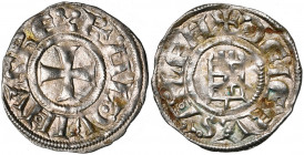 ROYAUME DE JERUSALEM, Baudouin III (1143-1163), billon denier. 2e groupe (style affiné). Type 4 (X droit). D/ Croix pattée. R/ La tour de David. Metca...