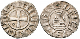 ROYAUME DE JERUSALEM, Amaury (1163-1174), billon denier. Type 1 (A avec chevron). D/ Croix pattée cantonnée d''un annelet en 2 et d''un globule en 3. ...