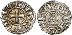ROYAUME DE JERUSALEM, Amaury (1163-1174), billon denier. Type 2 (A avec chevron, double annelet initial). D/ AMALRICVS REX Croix pattée cantonnée de d...