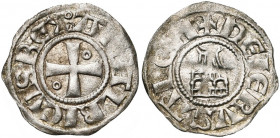ROYAUME DE JERUSALEM, Amaury (1163-1174), billon obole. Type 2 (A avec chevron). D/ Croix pattée cantonnée d''un annelet en 2 et 3. Double annelet ini...