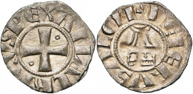 ROYAUME DE JERUSALEM, Amaury (1163-1174), billon denier. Type 6a (A avec triple barre). D/ Croix pattée cantonnée de deux annelets en 2 et 3. R/ L''ég...