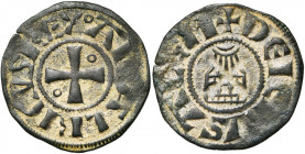ROYAUME DE JERUSALEM, Amaury (1163-1174), billon denier. Type hybride 7/5 (A avec double barre au droit, avec chevron au revers). D/ Croix pattée cant...