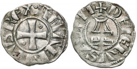 ROYAUME DE JERUSALEM, Amaury (1163-1174), billon denier. Type 7 (A avec double barre). D/ Croix pattée cantonnée de deux annelets en 2 et 3. Annelet i...
