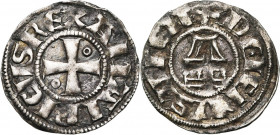 ROYAUME DE JERUSALEM, Amaury (1163-1174), billon denier. Type 8 (A avec double barre). D/ Croix pattée cantonnée de deux annelets en 2 et 3. Sans anne...