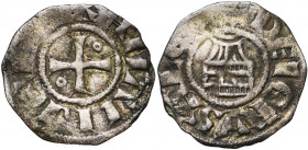 ROYAUME DE JERUSALEM, Amaury (1163-1174), billon obole. Type 8 (A avec double barre). D/ Croix pattée cantonnée d''un annelet en 2 et 3. R/ L''église ...