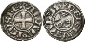ROYAUME DE JERUSALEM, Amaury (1163-1174), billon denier. Type 9 (A avec chevron). D/ Croix pattée cantonnée de deux annelets en 2 et 3. Globule initia...