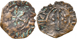 ROYAUME DE JERUSALEM, SEIGNEURIE DE SIDON, Cu pougeoise anonyme, vers 1192-1220 (?). D/ Etoile à six rayons. R/ Flèche entre trois points. Metcalf p. ...