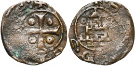 ROYAUME DE JERUSALEM, SEIGNEURIE DE TYR, Philippe de Montfort (1246-1270), Cu pougeoise. D/ +[:Ph]EL[IP]E: Croix cantonnée de quatre globules. R/ + S[...