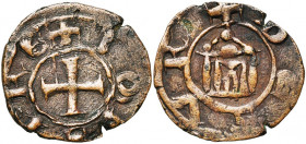 ROYAUME DE JERUSALEM, SEIGNEURIE DE TYR, Jean de Montfort (1270-1283), Cu pougeoise. D/ + IOh SIRE Croix. R/ + DE SVR Fronton d''église à quatre colon...