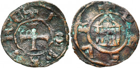 ROYAUME DE JERUSALEM, SEIGNEURIE DE TYR, Jean de Montfort (1270-1283), Cu pougeoise. D/ + IOh SIRE Croix. R/ + DE SVR Fronton d''église à quatre colon...
